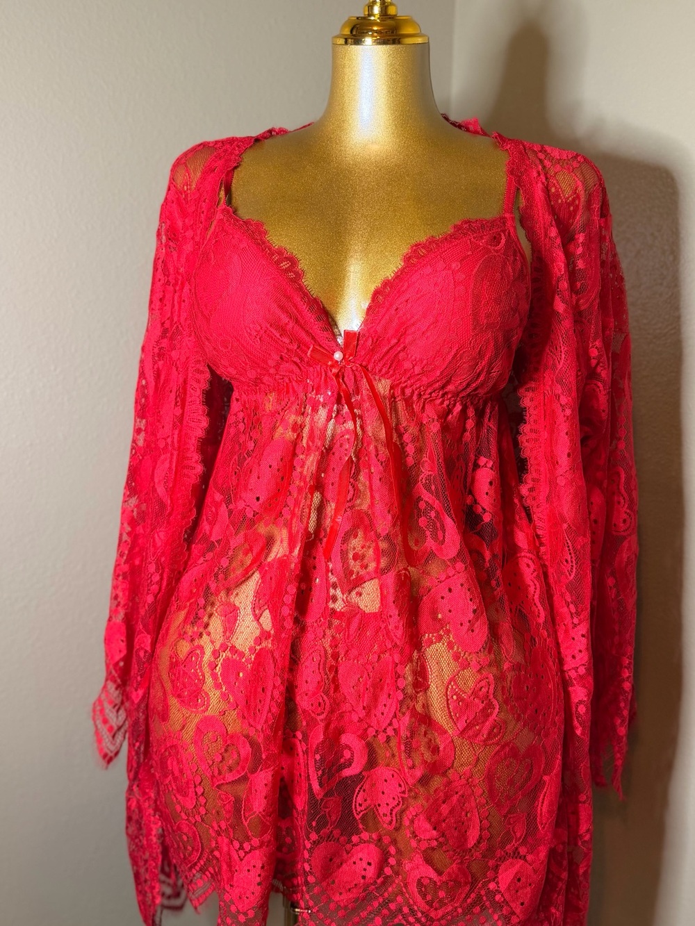 Red Lace Babydoll Nightie with Matching Robe 3pices